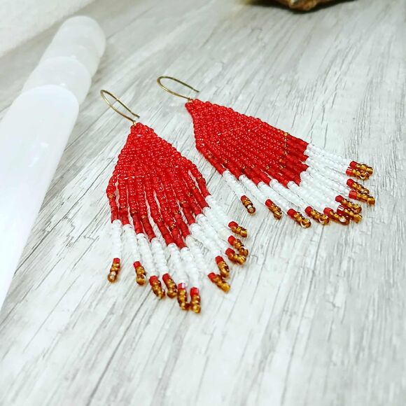 Red & White Boho Chic Fringe Cascade Dangle Earrings, Statement 4" - Picture 4 of 7